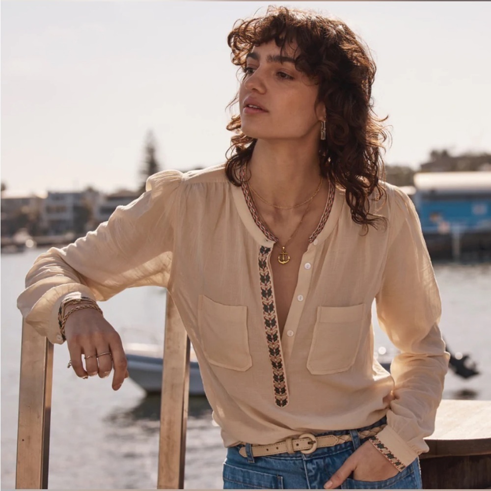 Marie Louise de Monterey Braid Blouse in Antique Embroidered Shirt Sz 10 NEW